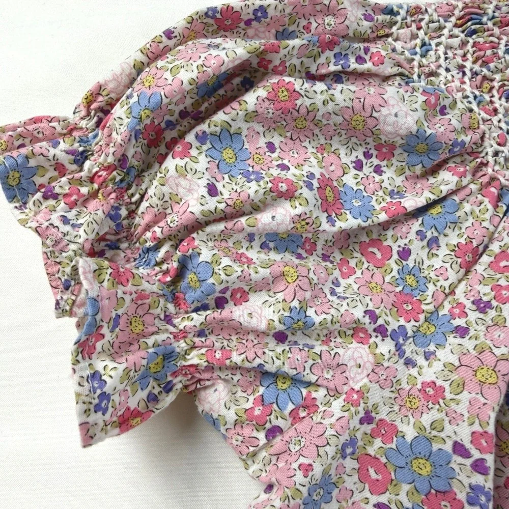 Sweet Dreams Smocked Dress‎ Girls 5 Pink Floral Puff Sleeve Cotton EUC